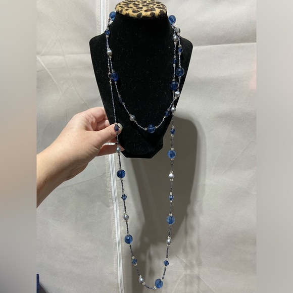 Gray and Blue Large and Seed Bead Long Necklace. Multiple Options for Layering - Picture 3 of 6